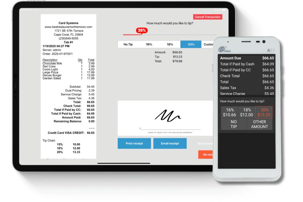 Customer checkout screens showcasing dual pricing options on tablet and smartphone devices.