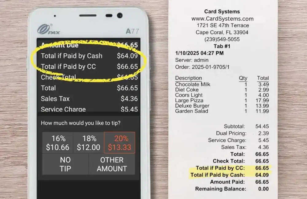 Dual pricing receipt showing breakdown of cash and card payment options with tips for businesses to reduce payment processing fees.