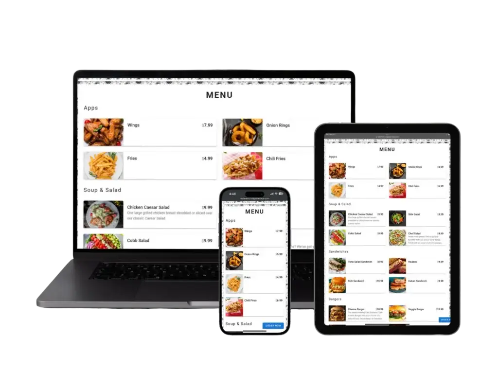 Online restaurant menu displayed on a laptop, tablet, and smartphone, showcasing a responsive online ordering system compatible across devices.